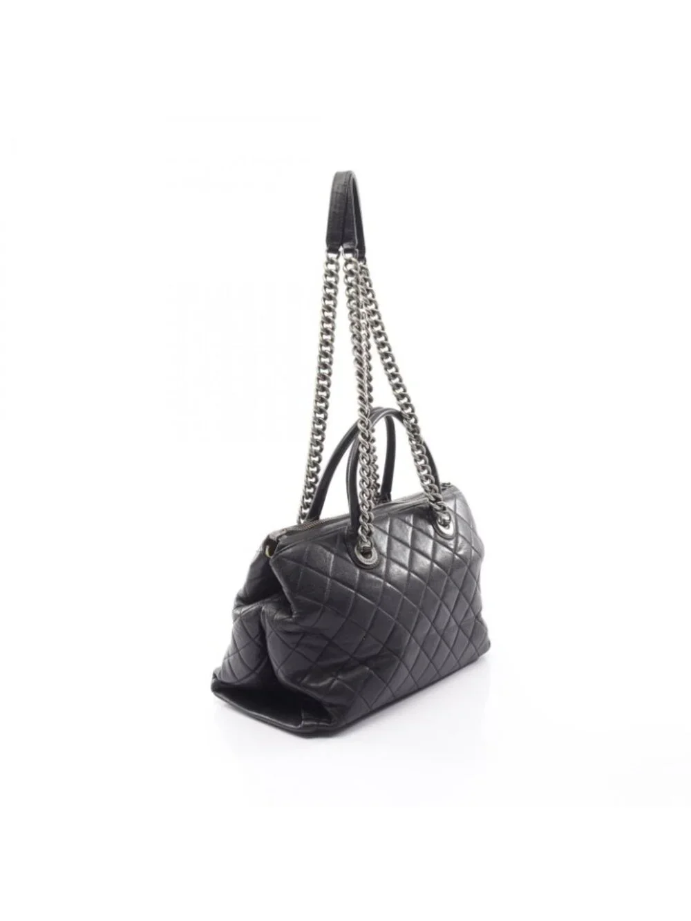 Chanel Tote Bag Quilted Antique Silver 2-Way Black Leather Chain